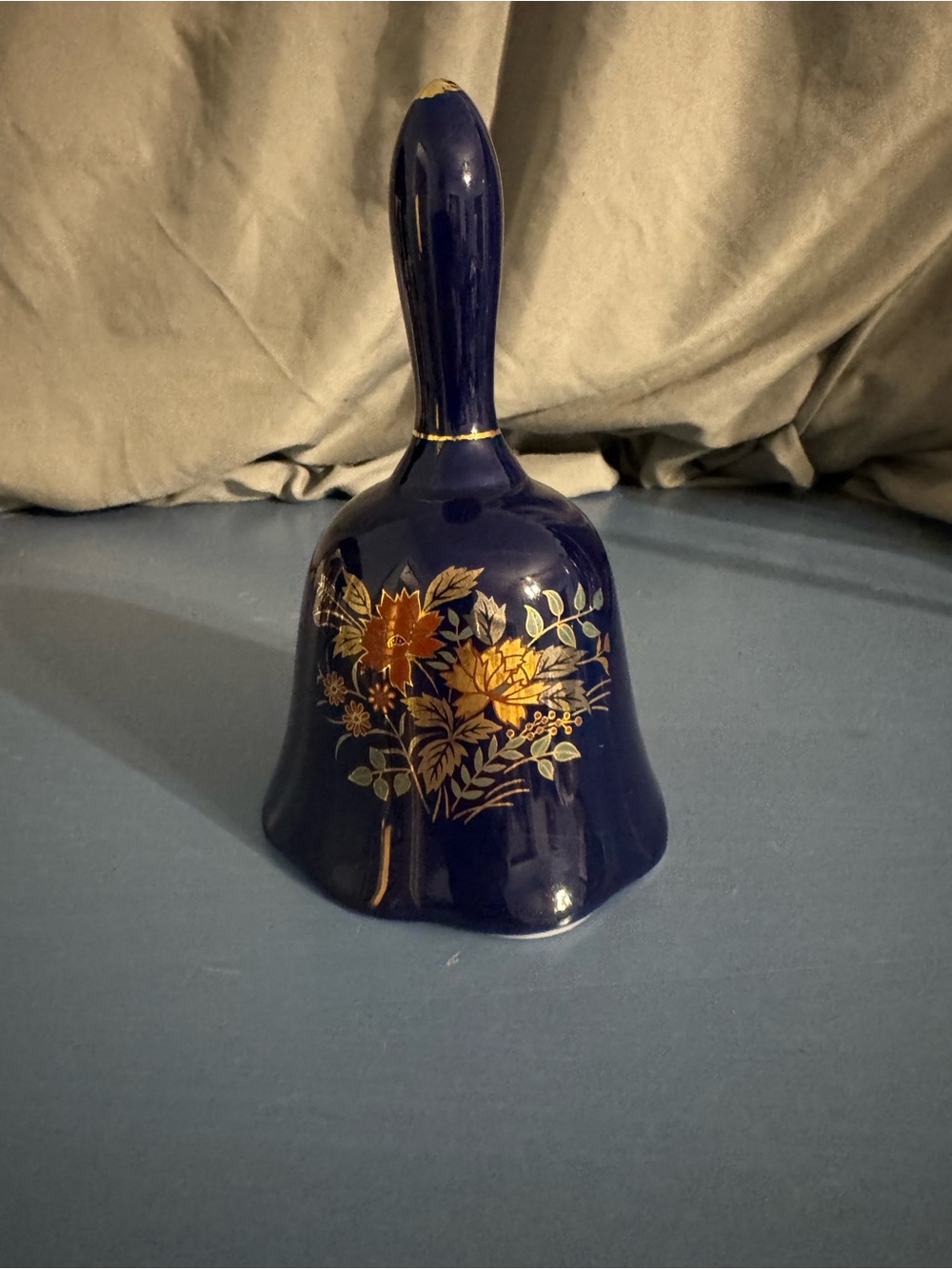 Cobalt Blue Porcelain Bell with Gold Floral Detail